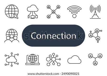 Connection set icon. Globe, cloud, network, wifi, antenna, people, hub, laptop, link, node, data, internet, sharing, online, global, communication.