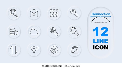 Verbindungssatz-Symbol. Globe mit Lupe, Smart Home, Netzwerk-Grid, Wi-Fi-Signal, Checkliste, Cloud, Einstellungssuche, Global Click, Datenübertragung. Internet-Konnektivität, intelligente Technologie