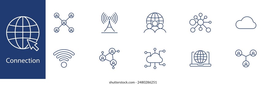 Icono de conjunto de conexiones. Globo, wifi, antena, personas, nube, red, en línea, digital. Internet, comunicación, concepto de conectividad.