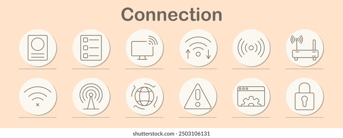 Connection set icon. Globe, Wi-Fi, video, location, lock, cloud, broadcast, monitor, profile, network, wireless, internet, connection, digital, online, communication, security, icon, remote, signal