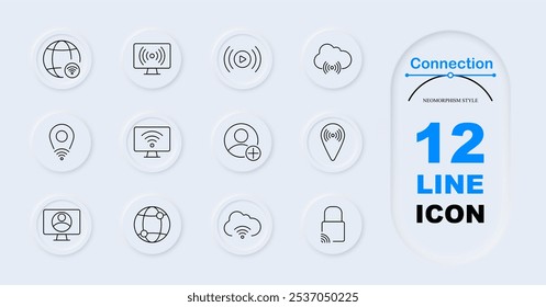 Connection set icon. Globe with Wi-Fi, monitor signal, play button, cloud connection, location signal, Wi-Fi locked, monitor user, user plus, online activity. Internet services, user access.