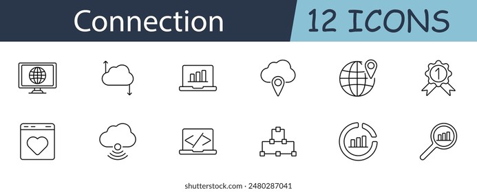 Connection set icon. Includes symbols for network, data, cloud, and internet. Ideal for communication, technology, and connectivity concepts. Vector line icon on white background.