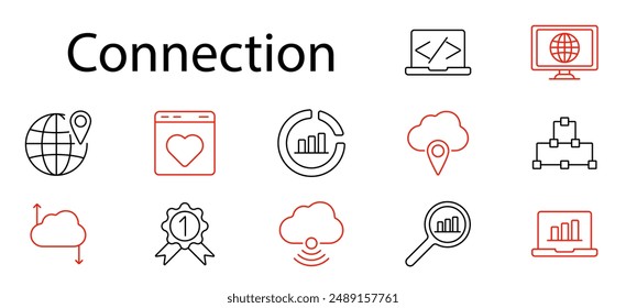 Verbindungssatzsymbol Notebook, Cloud, Grafik, Globus, Wireless, Signal, Netzwerk, Link, Technologie, Digital, Kommunikation, Daten, Sharing, Internet, Analyse, Web, Infrastruktur, Server, Gerät.