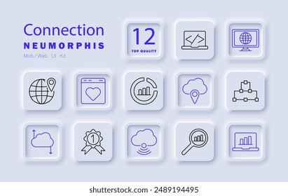 Connection set icon. Laptop, globe, cloud storage, website, network, data sharing, internet, online communication, global network, connection tools, web development