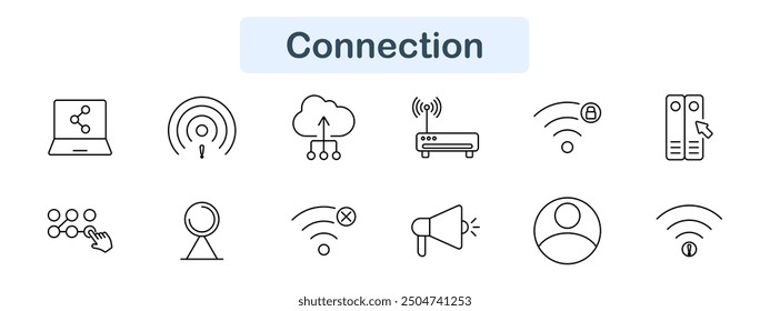 Connection set icon. Laptop, network, cloud, router, wifi, server, share, megaphone, signal, profile, broadcast, internet, wireless, tech, online, data, alert, digital, communication, access.