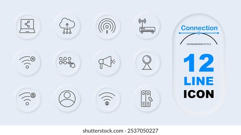 Connection set icon. Laptop network, cloud upload, weak Wi-Fi, router, signal error, connection grid, speaker, radar dish, Wi-Fi lock. Wireless networks, internet issues, data transmission.