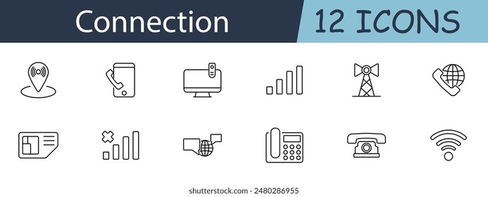 Connection set icon. Location pin, phone, computer, signal strength, cell tower, wifi, sim card, landline. Communication, networking, connectivity, digital interaction concept.