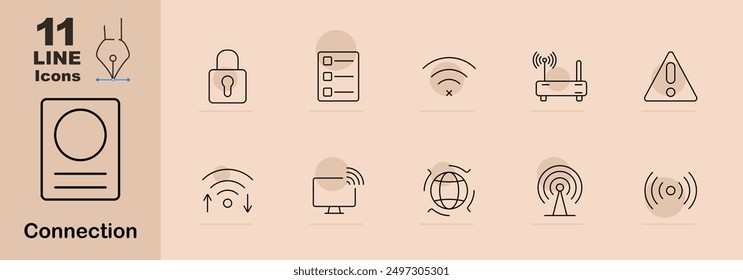 Connection set icon. Lock, checklist, wifi off, router, warning, wifi signal, upload, monitor, globe, antenna, technology, security, internet, network, digital, online, data, wireless, alert, web