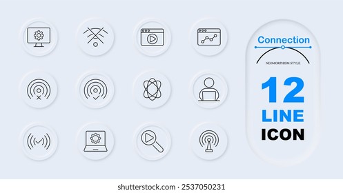 Ícone de conjunto de conexões. Monitor com configurações, Wi-Fi desligado, navegador com botão para jogar, navegador com análises, usuário, erro de Wi-Fi, sucesso de Wi-Fi, pesquisa, jogar, antena. Conectividade com a Internet, status da rede.