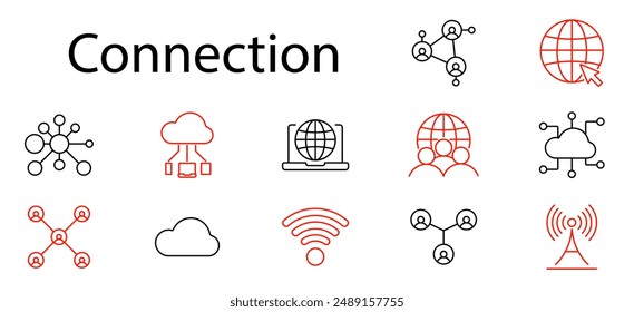 Connection set icon. Network, cloud, laptop, globe, wireless, signal, hierarchy, data sharing, web, digital, communication, online, technology, internet, connectivity, server, infrastructure, device.