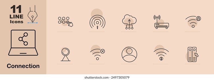 Connection set icon. Network, upload, download, wifi, router, signal, user, server, internet, digital, technology, communication, online, data, sharing, web, link, wireless, access, device, upload