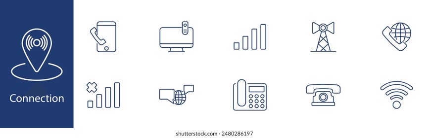 Icono de conjunto de conexiones. Teléfono, señal, torre, red, internet, comunicación, globo, wifi, telecomunicación, llamada. Conectividad, tecnología, concepto de comunicación global.