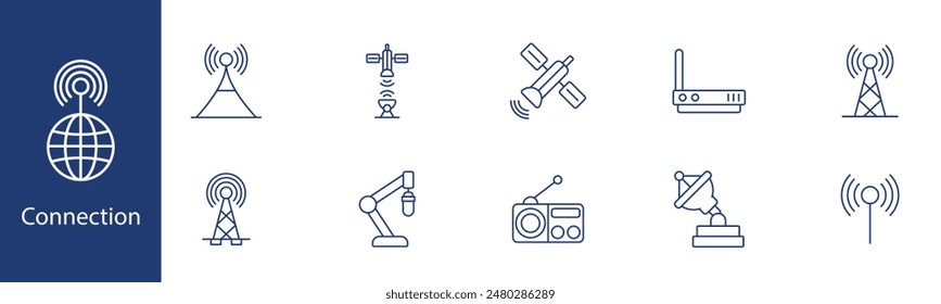 Connection set icon. Satellite, radio tower, wifi, globe, antenna. Communication, wireless signal, network, data transmission concept.