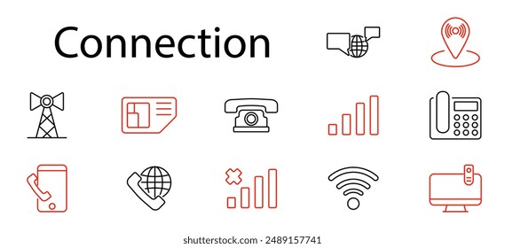 Connection set icon. Telephone, signal bars, tower, SIM card, call, internet, mobile phone, communication, wireless, technology, connection, device, digital, network, data, global, connectivity.
