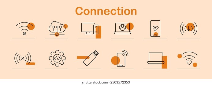 Connection set icon. Wi-Fi, cloud computing, desktop, laptop, smartphone, USB drive, wireless network, download, upload, signal, technology, connectivity, data transfer, communication, internet