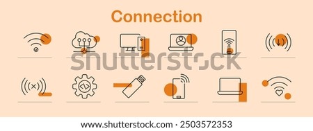 Connection set icon. Wi-Fi, cloud computing, desktop, laptop, smartphone, USB drive, wireless network, download, upload, signal, technology, connectivity, data transfer, communication, internet
