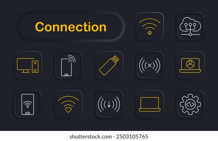Connection set icon. Wi-Fi, computer, phone, flash drive, cloud, download, signal, laptop, technology, interface, data, connectivity, wireless, networking, device.
