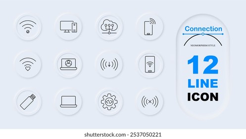 Verbindungssatz-Symbol. Wi-Fi-Symbol, Desktop-Computer, Cloud Computing, Smartphone mit Signal, Laptop-Benutzer, USB-Laufwerk, Codiergerät, Signalpfeile, Dateiübertragung. Gerätekonnektivität, Cloud-Services