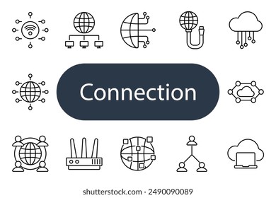 Icono de conjunto de conexiones. Wi-Fi, red global, satélite, computación en la nube, router, trabajo en equipo, transferencia de datos, internet, redes sociales. Conceptos de conectividad.
