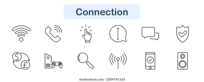 Connection set icon. Wifi, phone, click, info, chat, shield, currency, controller, search, antenna, mobile, tech, online, network, internet, digital, wireless, communication, gaming, signal.