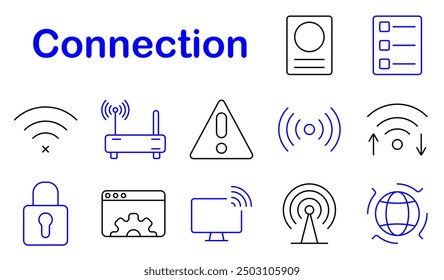 Connection set icon. Wi-Fi, router, alert, settings, monitor, locked, data transfer, internet, communication, signal, technology, online, device, network, wireless, security, digital, infrastructure.
