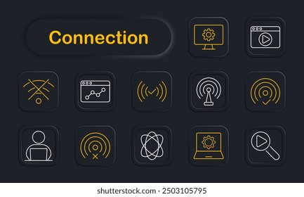 Connection set icon. Wi-Fi, signal, analytics, settings, browser, radar, science, laptop, search, configuration, interface, wireless, networking, web, data.