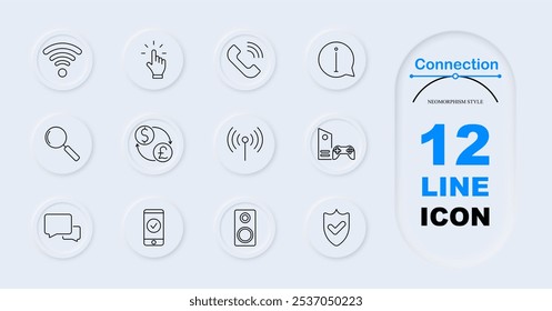 Verbindungssatz-Symbol. Wi-Fi-Symbol, Handklick, Telefonanruf, Informationsblase, Suchlupe, Geldwechsel, Antenne, Chat-Blase, mobiles Häkchen, Lautsprechersystem, Sicherheitsschild