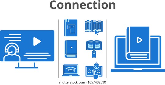 connection set. included ebook, student-laptop, instructor, test, learn, book, enter icons. filled styles.
