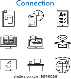 connection set. included ereader, ebook, cap, desktop, test, school, training, enter, microscope icons. linear styles.