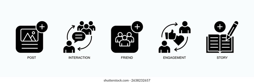 Connection Stream Icon Set Vector Illustration Concept With Icon Of Post, Interaction, Friend, Engagement, Story In Glyph Style