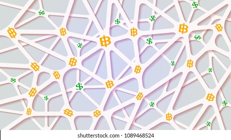 Connection structure molecule of neurons. Medicine, science and technology. Network sketch in the form of a cobweb. Financial structure. Dollar coin, Baht coins, Vector illustration, Business