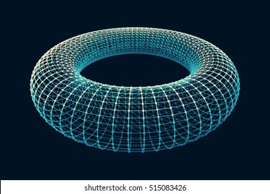 Connection Structure. Torus Shape Wireframe. Cyberspace Grid. Glowing mesh on a dark background.