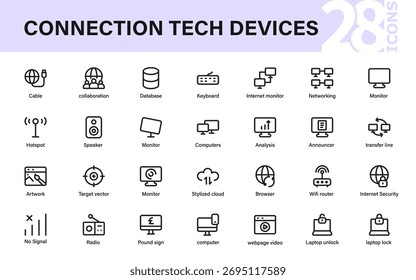 Connection Tech Devices Icons. Essential communication, internet, and computer security modern thin line icon set.