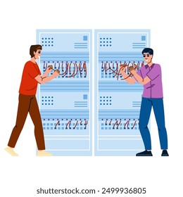 connection technician connecting cable vector. wiring installation, network troubleshooting, maintenance signal connection technician connecting cable character. people flat cartoon illustration