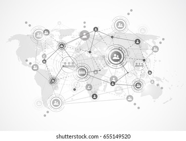 Connection technologies for business. Abstract polygonal background with connecting dots and lines. Mixed media. Vector illustration