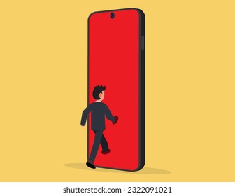 Connection, Technology addiction. Business man walks into the phone screen