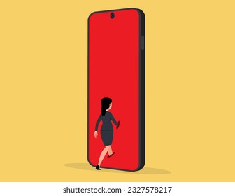 Connection, Technology addiction, Symbol of social media. Business woman walks into the phone screen