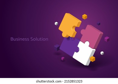 Connection Together Puzzle Pieces On A Purple Background, Business Success Solution. 3D Isometric Vector Illustration.