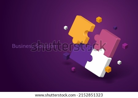 Connection together puzzle pieces on a purple background, Business success solution. 3D isometric vector illustration.