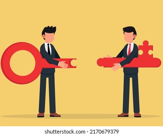 Connection, Two businessmen jigsaw the keys together. Business metaphor of a joint venture, partnership or teamwork