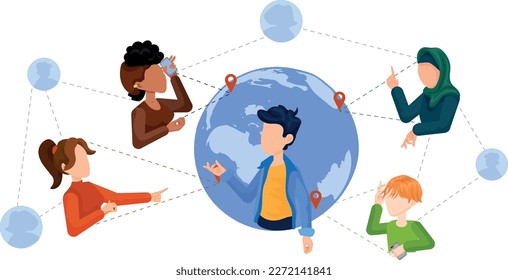 Connection vector. Global internet connection between all young people. Vector illustration of teenagers communicating with different groups of people via internet.
