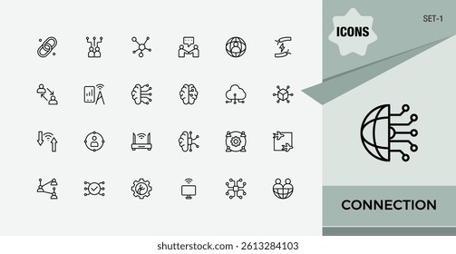Connection vector icon set. Contain linear sign cyberspace, connect, technology, global, tech, network and more. Line symbol and sign. Network linear icon. Editable stroke. Vector illustration.