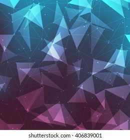 Connections background, abstract background with many dots connected with lines, outlined and filled in transparent triangles with mesh gradient