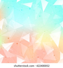 Connections background, abstract background with many dots connected with lines, outlined and filled in transparent triangles with beautiful soft colored mesh gradient