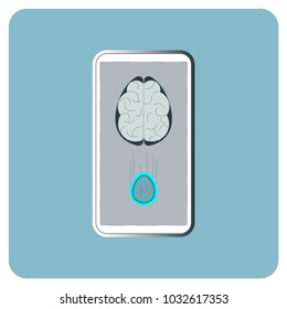 Connections between brain and fingertips when we touch and see. Using touchscreen, brain have been moved to fingertips. Same shape concept. Vector illustration.