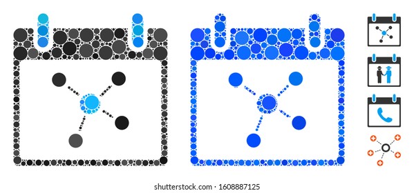 Connections calendar day composition of small circles in various sizes and color hues, based on connections calendar day icon. Vector small circles are united into blue collage.