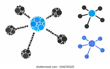 Connections composition of filled circles in different sizes and color hues, based on connections icon. Vector filled circles are composed into blue composition.