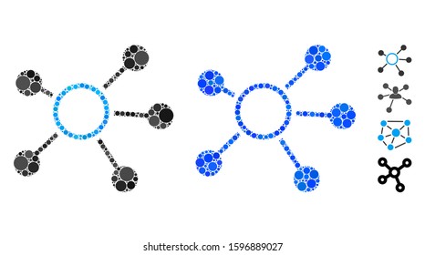 Connections composition of small circles in variable sizes and color tones, based on connections icon. Vector filled circles are grouped into blue composition.