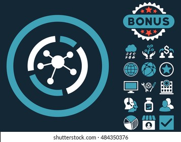 Connections Diagram icon with bonus pictures. Vector illustration style is flat iconic bicolor symbols, blue and white colors, dark blue background.