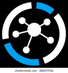 Connections diagram icon from Business Bicolor Set. Vector style: bicolor flat symbol, blue and white colors, rounded angles, black background.
